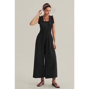 CHERFLY Ruffle Neckline Backstrap Jumpsuit for women navy blue med